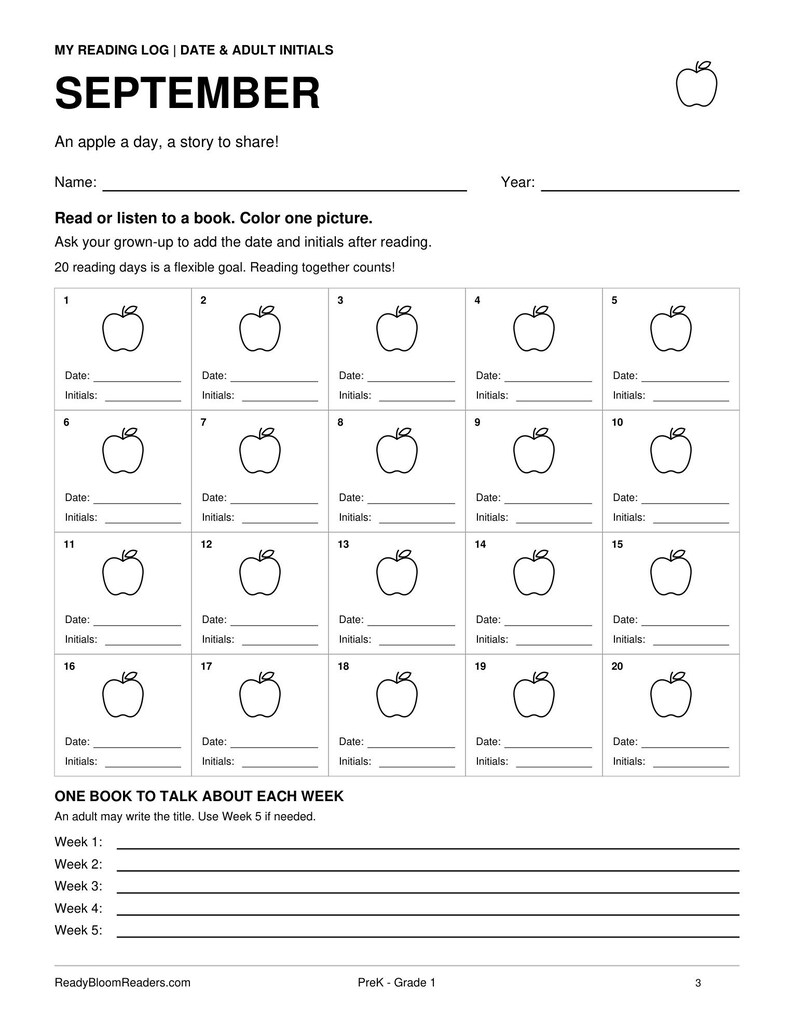 May include: A black and white reading log titled SEPTEMBER with the text An apple a day, a story to share! It features a grid of twenty numbered boxes, each containing an apple outline, lines for date and initials, and a section for weekly book titles.