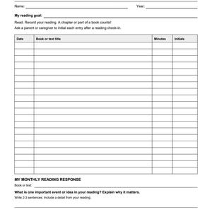 May include: A black and white monthly take-home reading log for September featuring an apple illustration. The form includes fields for name, year, reading goal, and a table with columns for date, book title, minutes, and initials, plus a response section.