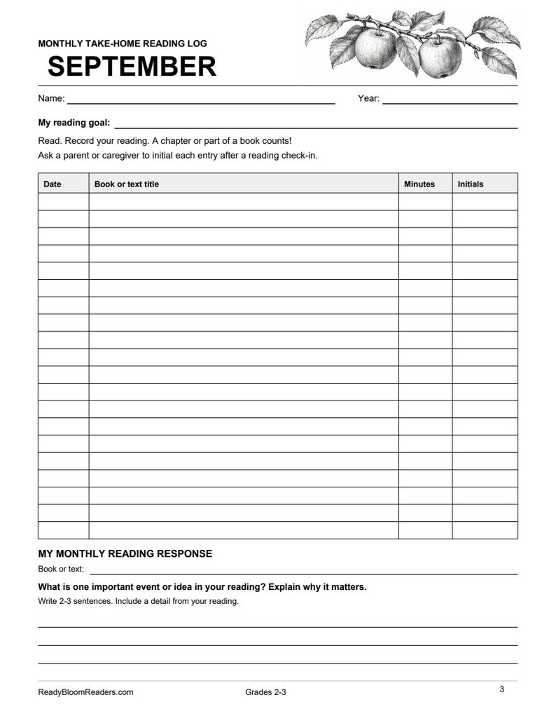 May include: A black and white monthly take-home reading log for September featuring an apple illustration. The form includes fields for name, year, reading goal, and a table with columns for date, book title, minutes, and initials, plus a response section.