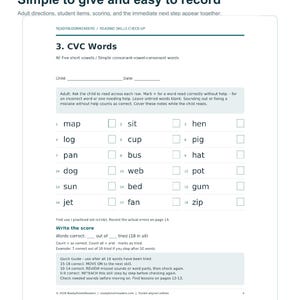 May include: A white educational worksheet titled 3. CVC Words from ReadyBloomReaders. It features a list of 18 simple consonant-vowel-consonant words like map, sit, hen, log, cup, pig, pan, bus, hat, dog, web, pot, sun, bed, gum, jet, fan, and zip.