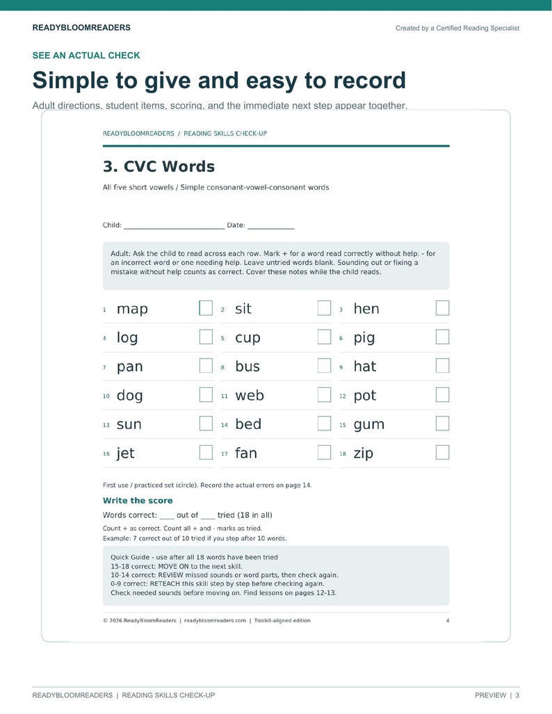 May include: A white educational worksheet titled 3. CVC Words from ReadyBloomReaders. It features a list of 18 simple consonant-vowel-consonant words like map, sit, hen, log, cup, pig, pan, bus, hat, dog, web, pot, sun, bed, gum, jet, fan, and zip.
