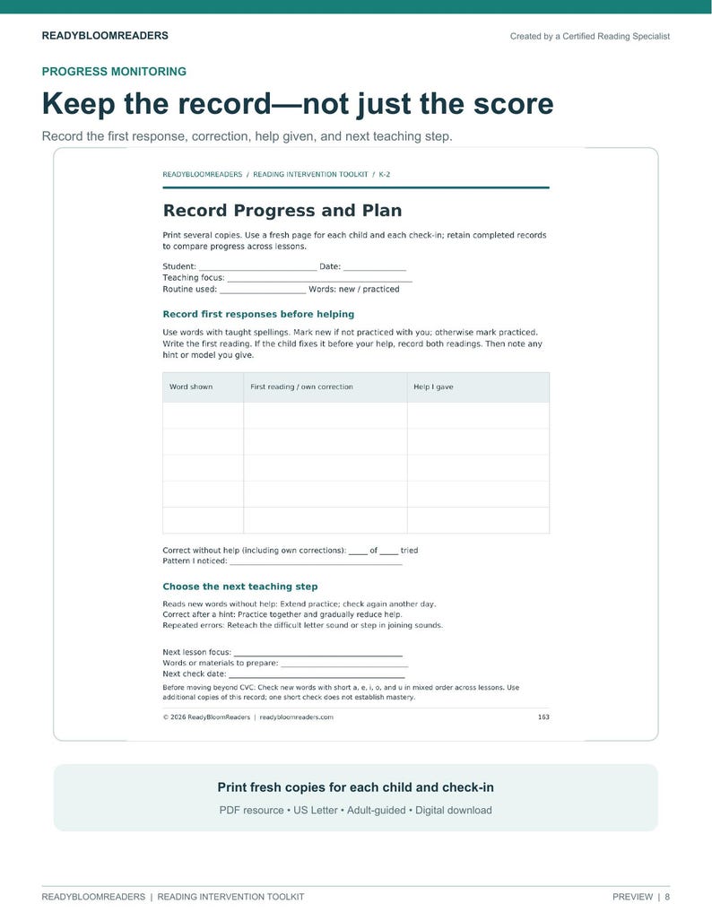May include: A white educational progress monitoring form titled Record Progress and Plan from ReadyBloomReaders. The document includes fields for student information, teaching focus, and a table to track word readings, corrections, and help given.