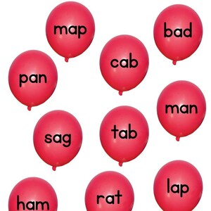 May include: An educational worksheet featuring red balloons with black text. The header reads: Short A Words- Toss a chip or coin onto the page- read the word closest to where it lands. The balloons contain the words: map, pan, sag, ham, cab, tab, rat, bad, man, and lap.