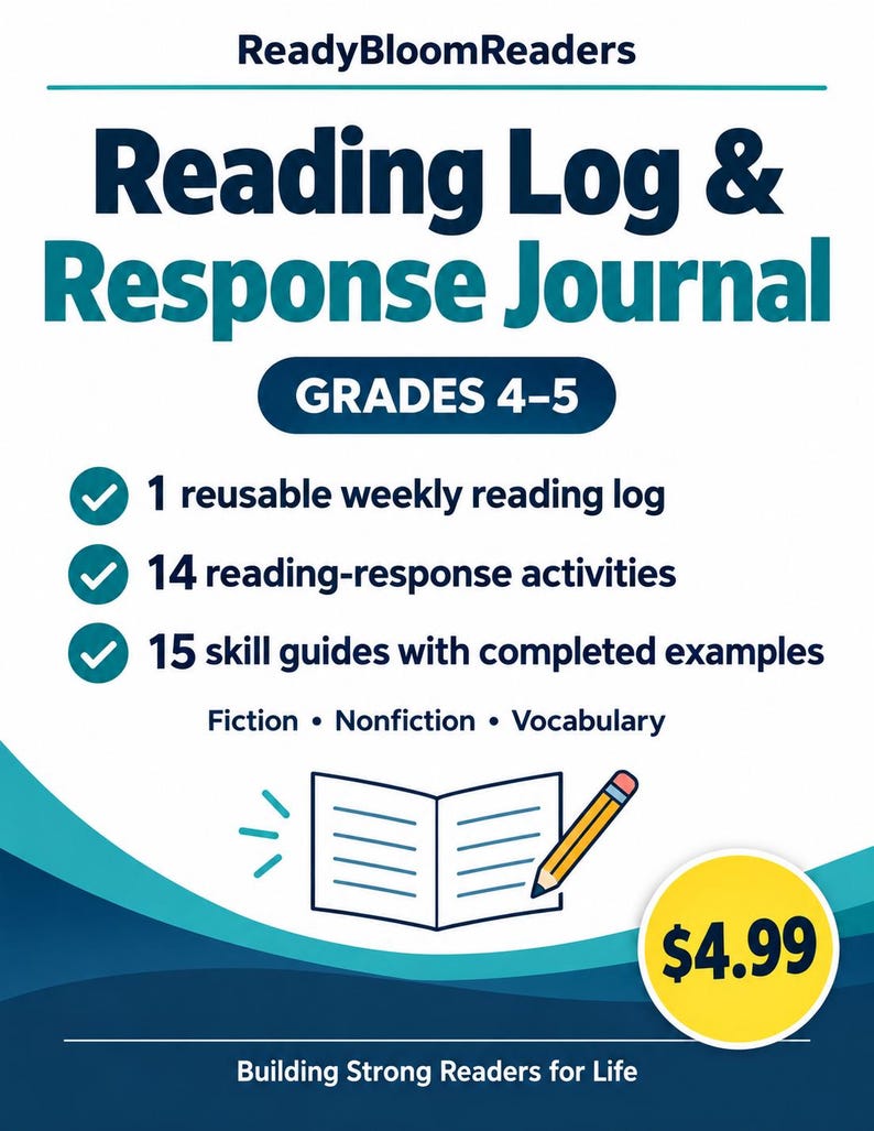 May include: A white educational document titled ReadyBloomReaders Reading Log & Response Journal for grades 4-5. It lists 1 reusable weekly reading log, 14 reading-response activities, and 15 skill guides for fiction, nonfiction, and vocabulary.
