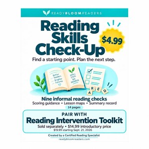 May include: A Reading Skills Check-Up educational document featuring an open book, a checklist, and letter tiles. The text includes ReadyBloomReaders, Reading Skills Check-Up, Find a starting point. Plan the next step., Nine informal reading checks, and Pair with Reading Intervention Toolkit.