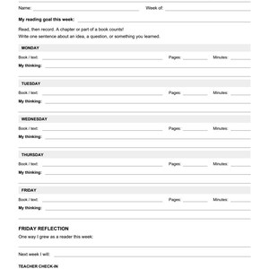 May include: A black and white weekly classroom reading log for September featuring a line drawing of two apples on a branch at the top. The document includes fields for name, week, reading goals, and daily entries for Monday through Friday.