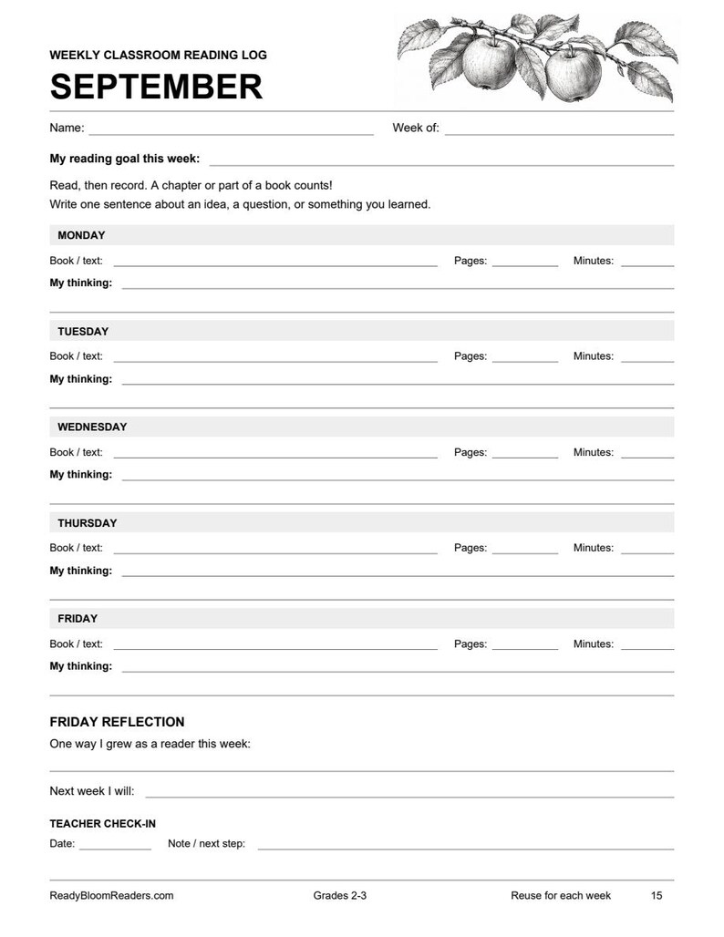 May include: A black and white weekly classroom reading log for September featuring a line drawing of two apples on a branch at the top. The document includes fields for name, week, reading goals, and daily entries for Monday through Friday.