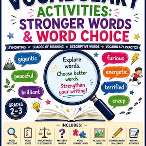 May include: Educational poster titled Vocabulary Activities: Stronger Words & Word Choice for grades 2-3. Features a magnifying glass over an open book, colorful speech bubbles with words like gigantic, furious, and peaceful, and icons for activities.