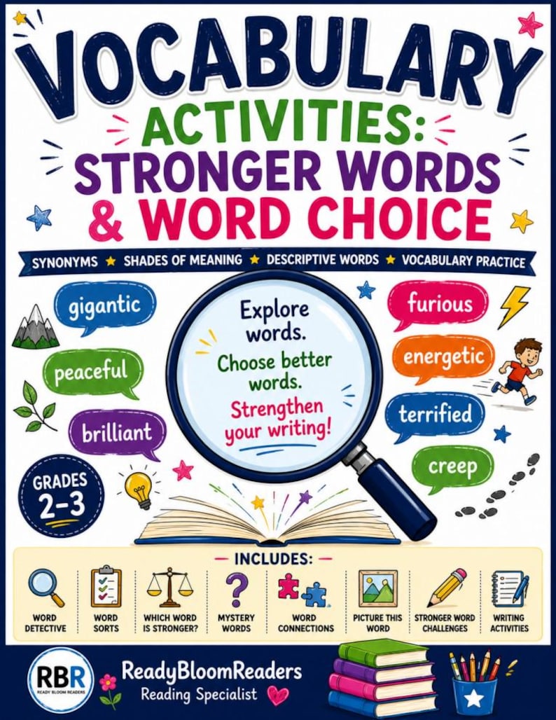 May include: Educational poster titled Vocabulary Activities: Stronger Words & Word Choice for grades 2-3. Features a magnifying glass over an open book, colorful speech bubbles with words like gigantic, furious, and peaceful, and icons for activities.