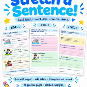 May include: A ReadyBloomReaders educational bundle titled Stretch a Sentence featuring three levels of worksheets. The pages include colorful illustrations of an elephant, a boy with a soccer ball, and a girl reading, with prompts to add details to sentences.