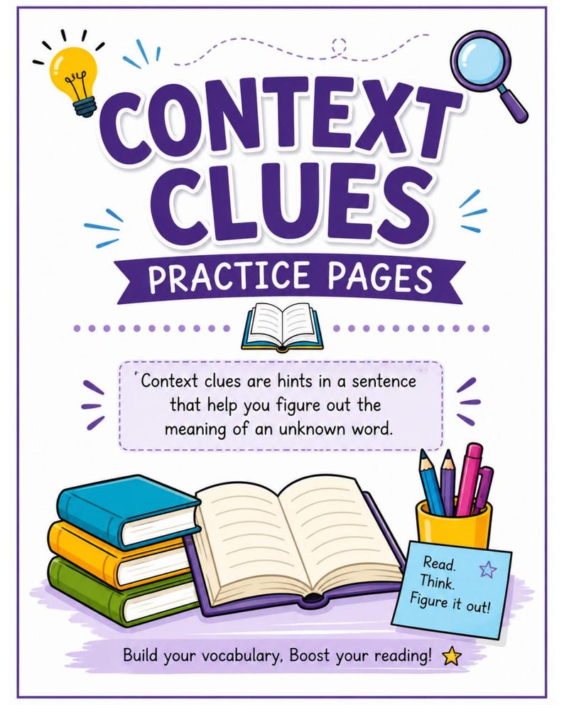 May include: An educational poster titled CONTEXT CLUES PRACTICE PAGES with a lightbulb, magnifying glass, and open book icons. It includes a definition box, a stack of three colorful books, an open book, a pencil holder, and a note saying Read. Think. Figure it out!