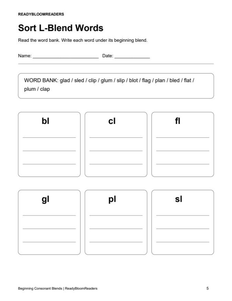 May include: A black and white educational worksheet titled Sort L-Blend Words by ReadyBloomReaders. It features a word bank with terms like glad, sled, clip, glum, slip, blot, flag, plan, bled, flat, plum, and clap, and six boxes for sorting.