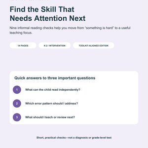 May include: A light purple educational document titled Reading Skills Check-Up by ReadyBloomReaders. It features the text Find the Skill That Needs Attention Next, details about nine informal reading checks, and three numbered questions for teachers.