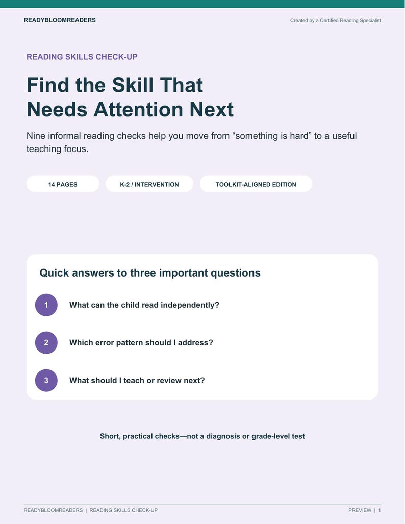 May include: A light purple educational document titled Reading Skills Check-Up by ReadyBloomReaders. It features the text Find the Skill That Needs Attention Next, details about nine informal reading checks, and three numbered questions for teachers.