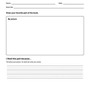 May include: A white educational worksheet titled Read, Think & Respond My Favorite Part. It includes blank lines for Name, Date, and Book title, a large rectangular box labeled My picture, and lines for writing I liked this part because.