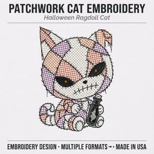 May include: An embroidery design titled PATCHWORK CAT EMBROIDERY Halloween Ragdoll Cat. The graphic features a cat made of purple, orange, and white patches with stitched seams, black almond-shaped eyes, and a small bottle held in its paw.