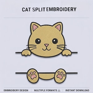 Puede incluir: Un diseño de bordado titulado CAT SPLIT EMBROIDERY que muestra una cabeza de gato color canela con orejas rosadas y bigotes negros sobre una línea, y dos patas de gato color canela con almohadillas rosadas sobre una línea horizontal.