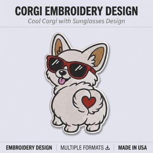 Corgi broderidesign, cool Corgi med solglasögon och hjärtformad svans maskinbroderifil, hundälskare gåva direkt nedladdning