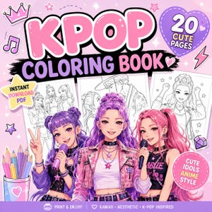 KPOP Coloring Book Printable PDF, Cute Anime Idol Coloring Pages, Kawaii Kpop Fan Gift for Teens, Instant Download