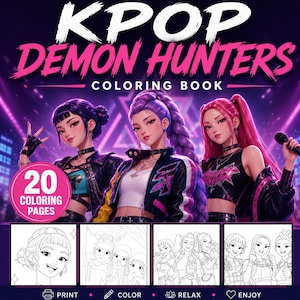 Puede incluir: Un libro para colorear KPOP DEMON HUNTERS con tres personajes ilustrados con chaquetas oscuras y detalles en rosa. La portada muestra el título en texto blanco y rosa, una insignia de 20 páginas para colorear y cuatro paneles de arte lineal.