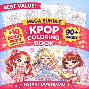 Puede incluir: Un libro para colorear KPOP con una portada rosa y roja que presenta ilustraciones de personajes de estilo anime. La portada incluye el texto "MEGA BUNDLE KPOP COLORING BOOK" y "90+ PAGES". El texto adicional incluye "+10 BONUS PAGES LIMITED TIME" y "INSTANT DOWNLOAD".