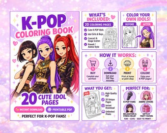 K-POP Coloring Book Printable | 20 Cute Idol Coloring Pages | Kpop Fan Art Coloring Book | Anime Style Coloring Pages | Instant Download