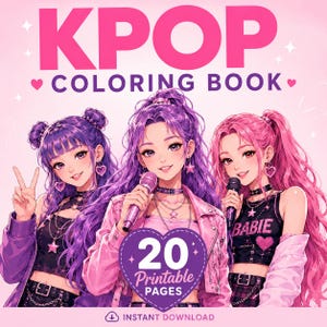 Peut inclure: Couverture d'un livre de coloriage KPOP avec trois filles de style anime aux cheveux violets et roses, tenant des microphones. Le titre du livre est en rose, avec les mots "KPOP COLORING BOOK". La couverture comprend également le texte "20 Printable Pages" et "Instant Download".