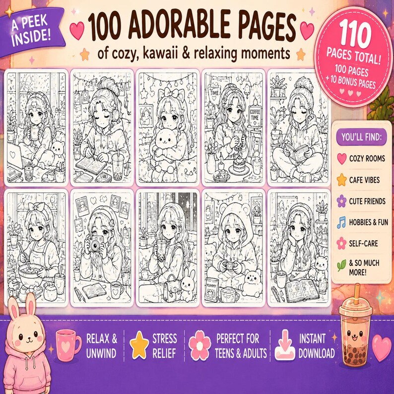 Cozy Girl Coloring Book Printable | 100 Cute Kawaii Pages | Korean ...