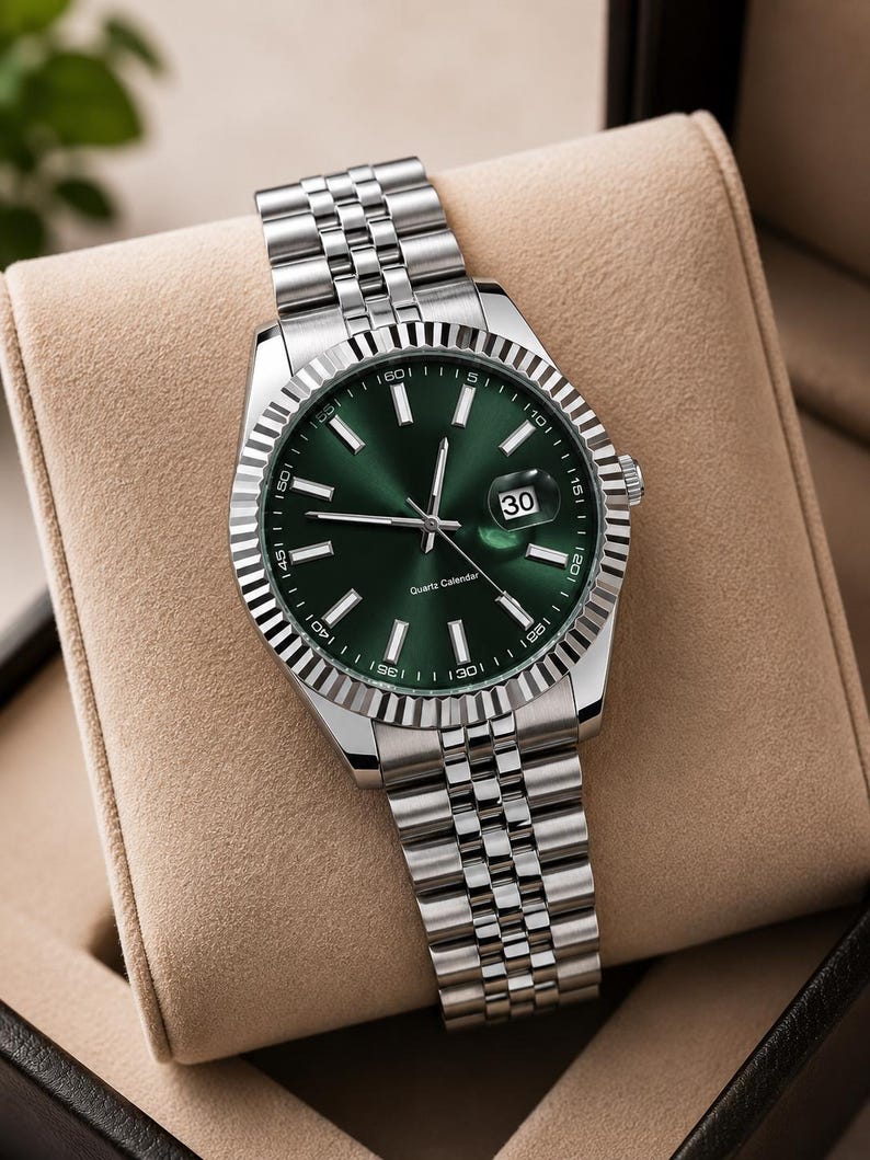 May include: A silver wristwatch with a green dial and a date display at the 3 o'clock position. The watch has a fluted bezel and a stainless steel bracelet. The watch is displayed in a tan watch box.
