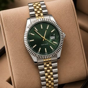 May include: A stainless steel and gold-tone wristwatch with a green dial. The watch features a date display at the 3 o'clock position and a fluted bezel. The watch band is a combination of silver and gold-tone links.