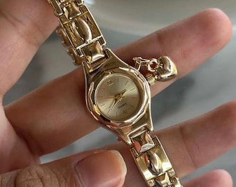 Minimal Heart Charm Watch, Gold Stainless Steel Bracelet, Vintage Style Elegant Wear