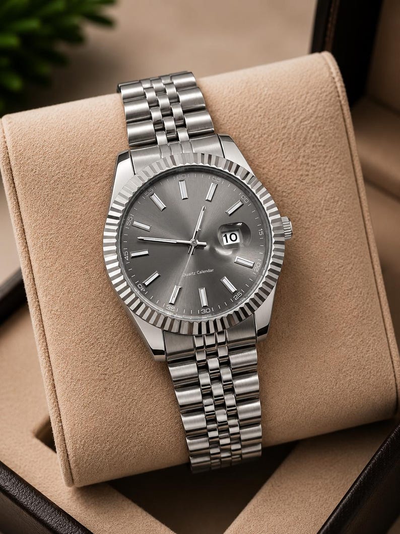 May include: A silver-toned wristwatch with a gray face and a date display at the 3 o'clock position. The watch has a fluted bezel and a stainless steel band. The watch is displayed in a tan watch box.
