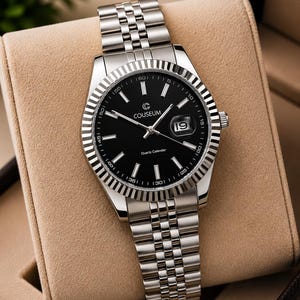 May include: A silver-toned wristwatch with a black face and a date display at the 3 o'clock position. The watch features a fluted bezel and a stainless steel band. The watch is displayed in a tan watch box.