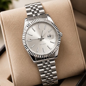 May include: Silver-toned wristwatch with a fluted bezel and a silver dial. The watch features a date display at the 3 o'clock position and a stainless steel bracelet. The watch is presented in a beige watch box.