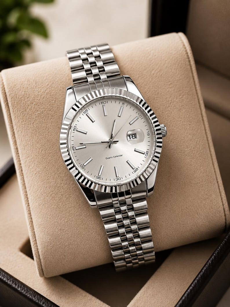 May include: Silver-toned wristwatch with a fluted bezel and a silver dial. The watch features a date display at the 3 o'clock position and a stainless steel bracelet. The watch is presented in a beige watch box.