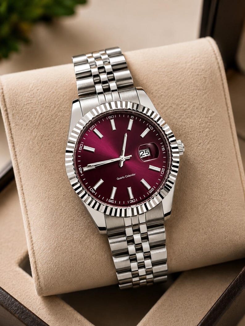 May include: A silver wristwatch with a burgundy dial and a date display at the 3 o'clock position. The watch has a fluted bezel and a stainless steel bracelet. The words "Quartz Calendar" are printed on the dial.