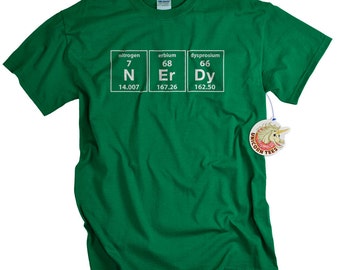 Mens Geek Shirt Periodic Table of Elements Geekery Tshirt for Men Women and Youth Green Nerdy Nerd T-shirt