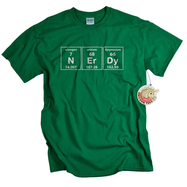 Mens Geek Shirt Periodic Table of Elements Geekery Tshirt for Men Women and Youth Green Nerdy Nerd T-shirt