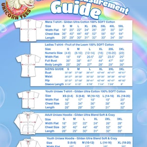 May include: Sizing chart for t-shirts and hoodies. The chart shows the width, chest size, and length of each size in inches. The chart also includes the numeric size for ladies' t-shirts.