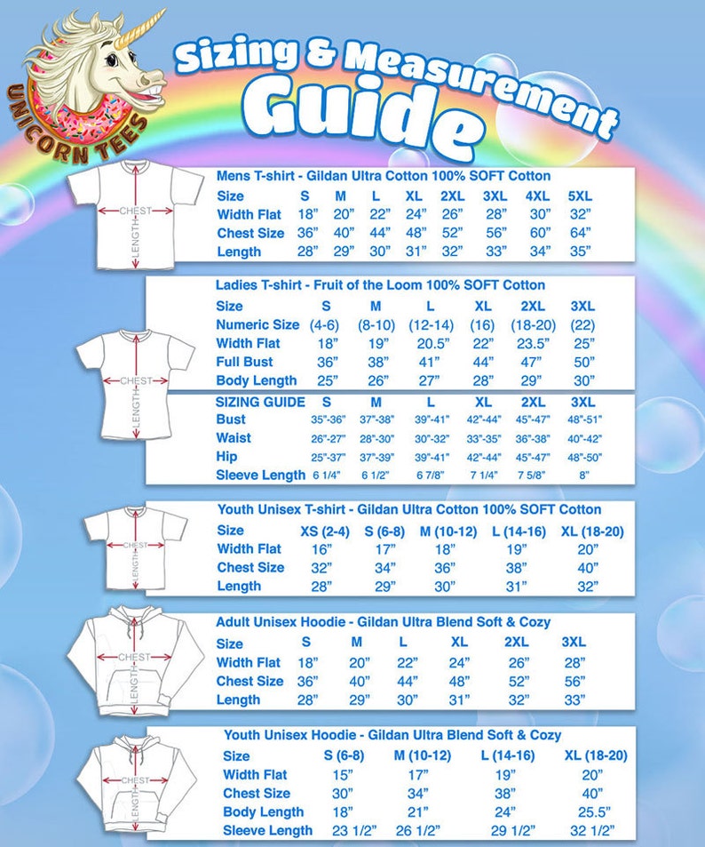 May include: Sizing chart for t-shirts and hoodies. The chart shows the width, chest size, and length of each size in inches. The chart also includes the numeric size for ladies' t-shirts.