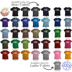 Puede incluir: Una tabla que muestra los colores disponibles para camisetas. La tabla muestra una variedad de colores para camisetas de hombre y mujer. El texto en las camisetas dice "Amo a mi esposa".