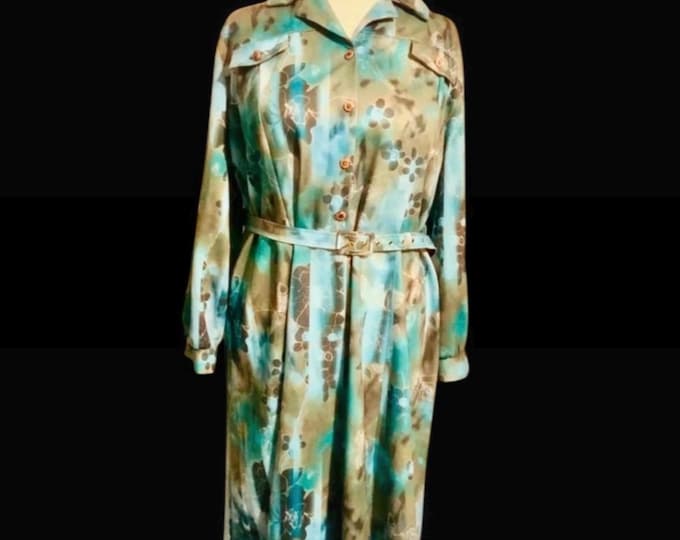 True Vintage 1960s Watercolour Print Wool Mix Midi Dress - Size 18/20