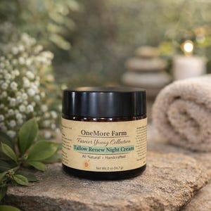 May include: A jar of Tallow Renew Night Cream from OneMore Farm, part of the Fareier Young Collection. The black-lidded jar sits on a stone surface. The label reads "All Natural - Handcrafted" and the net weight is 56.7 grams.