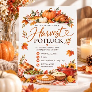 May include: A white invitation card for a Harvest Potluck featuring watercolour illustrations of pumpkins, a roasted turkey, a casserole, a pie, and autumn leaves. The text reads: You're invited to a Harvest Potluck, October 31, 20xx, 5 p.m.