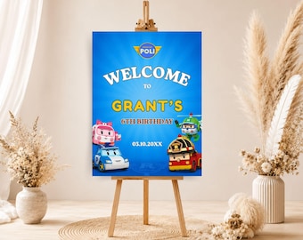 Robocar Poli Geburtstags-Willkommensschild | Partner-Partyschild für das Rettungsteam | Bearbeitbares Willkommensposter für Kinder (Canva-Datei, digitaler Download)