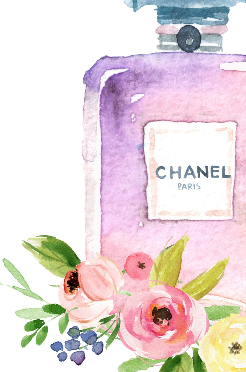 Chanel perfume bottle watercolor floral printable French wall | Etsy