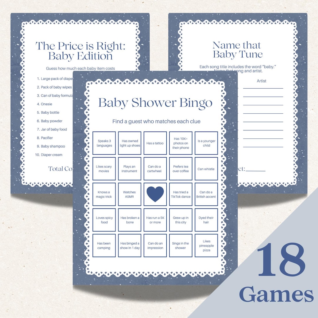 Elegant Blue Baby Shower Party Games Bundle | New Parent Activities ...