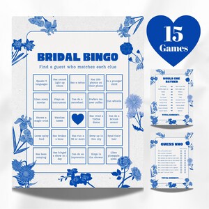 May include: A blue and white Bridal Bingo game set. The main game card features a grid with various prompts, floral accents, and the text "BRIDAL BINGO." Additional cards include "Would She Rather" and "Guess Who" games. A blue heart displays "15 Games."