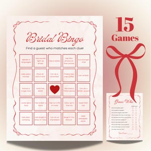 Può includere: Un cartoncino da gioco Bridal Bingo rosso e bianco con 15 giochi elencati. La carta presenta una griglia di indizi come "Parla 3 lingue" e "Ha un tatuaggio". È incluso anche un gioco più piccolo "Indovina chi".