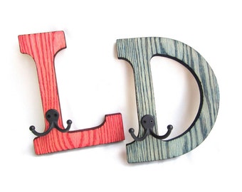 INITIAL COAT RACKS / Hangers / Childrens Personalized / Wood Burned / Set of Two